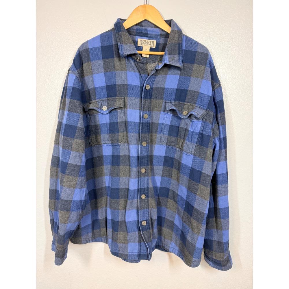 Duluth Trading Co‎ Flannel Shirt Mens 2XL Blue Good Lined Plaid Snap Front Warm